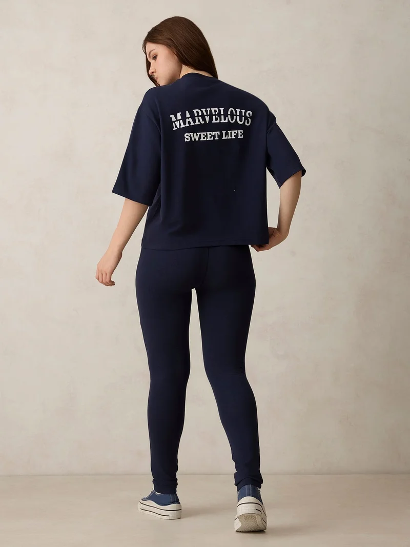 Outzidr  Navy Blue Placement Print T-Shirt And Fitted Bottom Co-Ord Set for Women | Best Price UAE